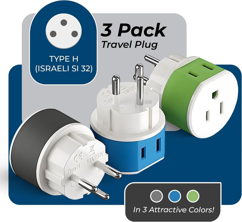 OREI Israel, Palestine Power Plug Adapter with 2 USA Inputs - Travel 3 Pack - Type H (US-14) Safe Grounded Use with Cell Phones, Laptop, Camera Chargers, CPAP, and More - Image 3